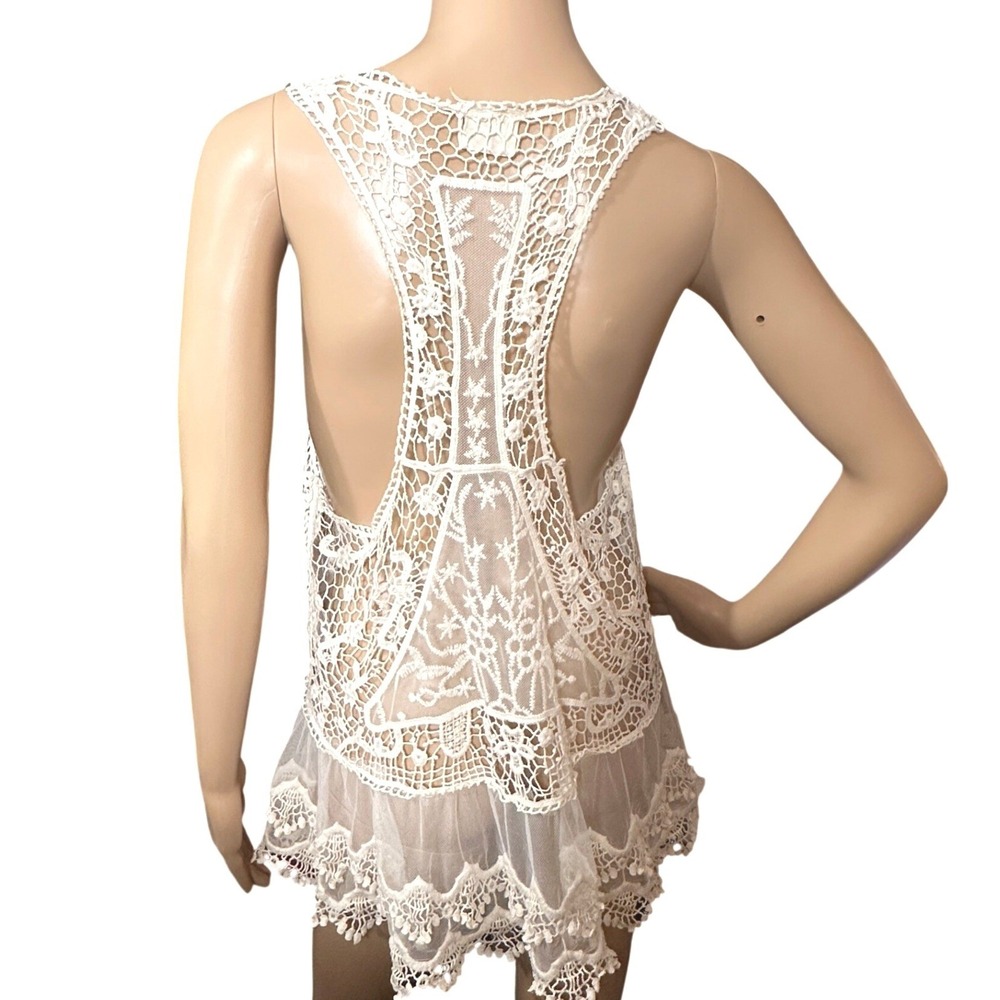 Anthropologie Pins & Needles Tank Small Ivory Lace Sheer Crochet Boho Festival - Picture 5 of 16